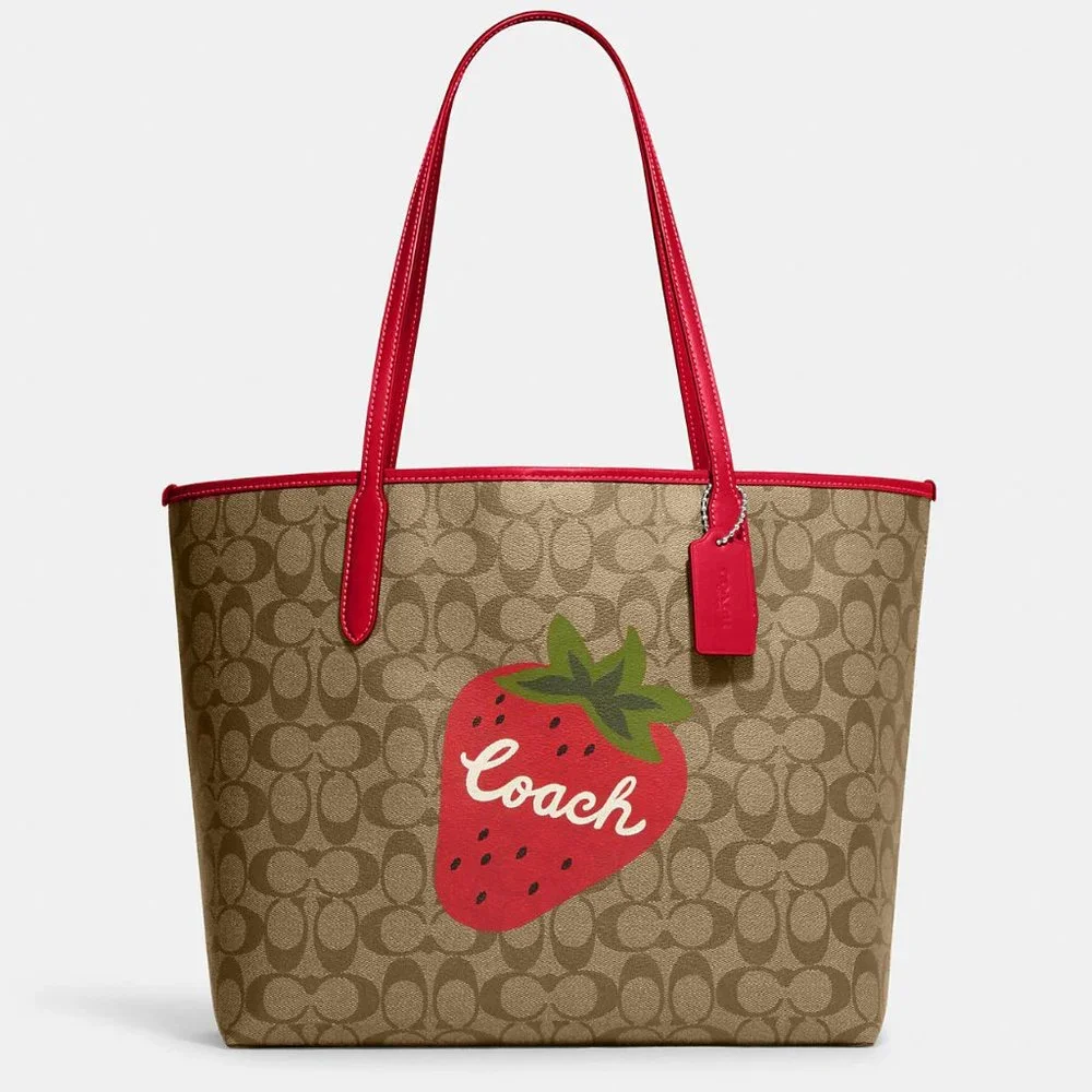 🍓Coach City Tote In Signature Canvas With Wild Strawberry